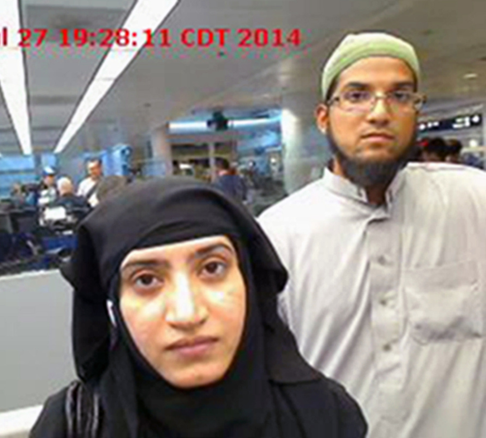 Tashfeen Malik, left, and Syed Farook. The FBI is trying to get Apple’s help hacking into the iPhone one of them used to find out if there is anthing relevant to the investigation into the pair’s killing of 14 people.