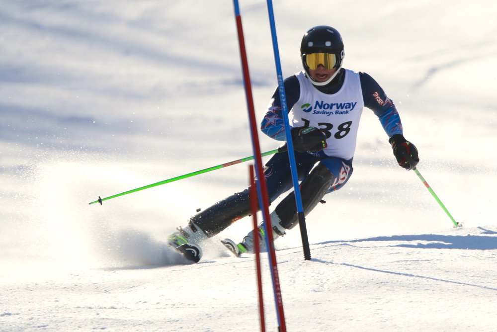 Edward Little High sophomore Maxx Bell won the slalom Thursday on the final day of the Class A alpine skiing championships at Mount Abram in Greenwood. Carl D. Walsh/Staff Photographer