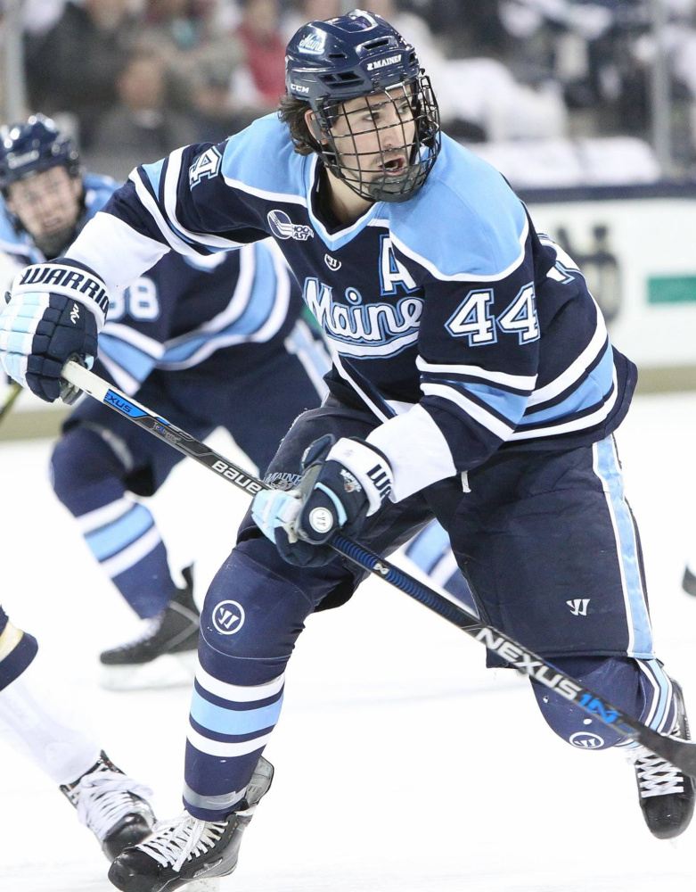 Conor Riley and the other Maine seniors are likely playing their final games at Alfond Arena this weekend in a series with Merrimack. Maine must advance from 11th to eighth place in Hockey East to have a home game in the postseason.