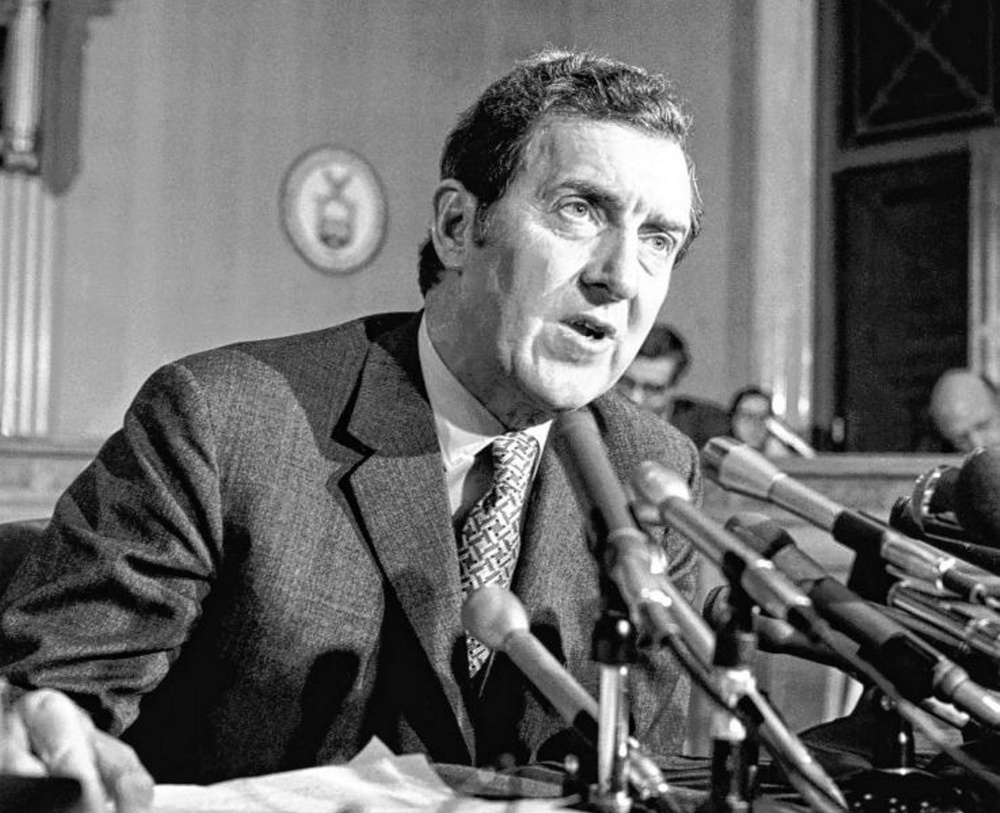 U.S. Sen. Ed Muskie speaks to the press in January 1970 about his proposed environmental legislation. Muskie’s Clean Water Act of 1972 helped make the Kennebec River viable again.