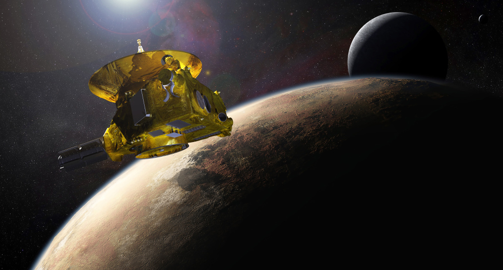 An artist’s impression of NASA’s New Horizons spacecraft encountering Pluto and its largest moon, Charon, is seen in this NASA image from last July.