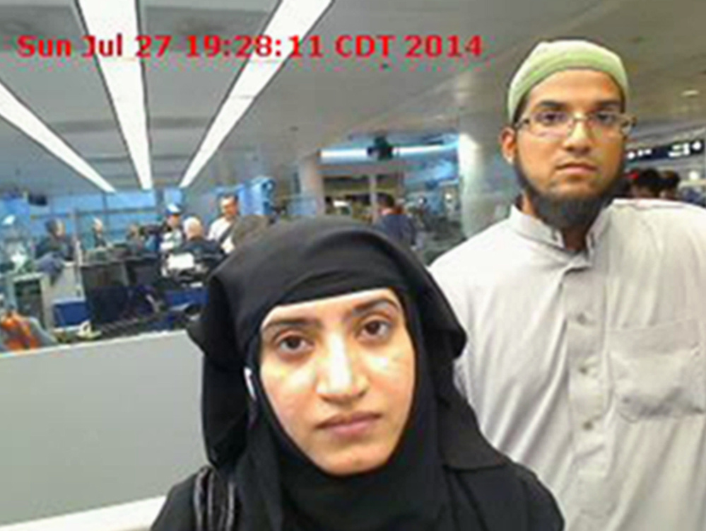 A judge ordered Apple to help U.S. officials hack into the work iPhone of Syed Farook, right, who with his wife, Tashfeen Malik, center, killed 14 people in California last year.