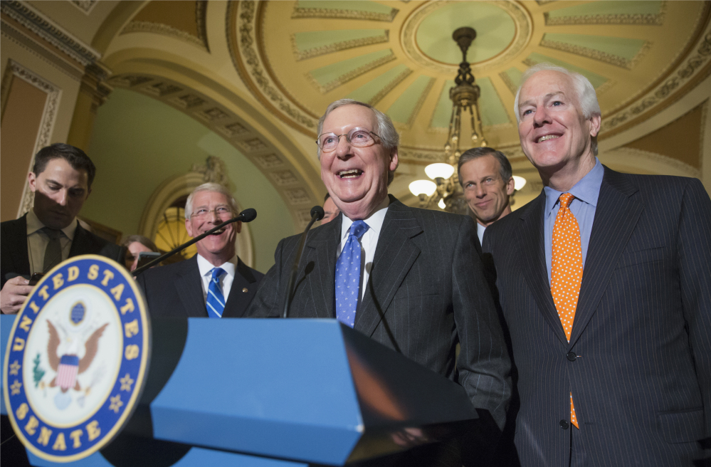 Senate Majority Leader Mitch McConnell of Ky., center, joined by, from second for left are, Sen. Roger Wicker, R-Miss., Sen. John Thune, R-S.D., and Senate Majority Whip John Cornyn of Texas, announced Tuesday that nearly all Republicans have rallied behind the call to prevent President Obama from appointing a Supreme Court justice.