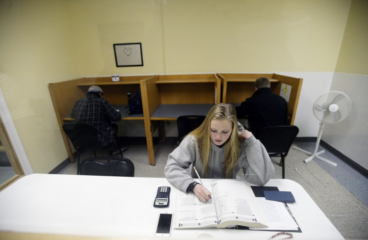 Scarborough High School junior Rachel Barr, 17, sits for a preparatory SAT exam with other students at The Study Hall in Scarborough this week. Barr had already prepped for the old test but welcomes the changes in the revised version. “I’ve never been a fan of geometry,” she said, “so I’m glad there’s less.”
