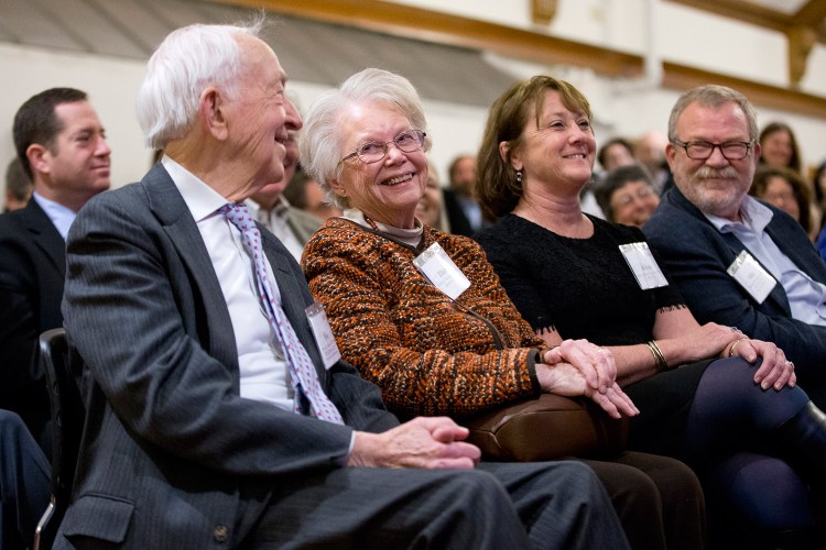 The Bonney family was one of seven families making gifts totaling $19 million to Bates College, it was announced Monday. From left are Weston Bonney, his wife, Elaine Bonney, their daughter-in-law, Alison Grott Bonney and their son, Michael Bonney. Starting with Elaine’s father, a member of the class of 1927, and continuing to Michael and Alison’s children, four generations of their family have attended Bates.

The $19 million includes a commitment from Michael Bonney ’80, chair of the Bates College Board of Trustees, and his wife, Alison Grott Bonney ’80, of $10 million — the largest single gift in the history of Bates.