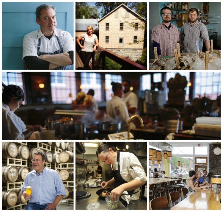 2016 James Beard Award semifinalists from Maine include, clockwise from top left: chef Brian Hill; chef Erin French; chefs Mike Wiley and Andrew Taylor; Fore Street; The Honey Paw; chef Cara Stadler; brewer Rob Tod. Not pictured: chef Keiko Suzuki Steinberger.