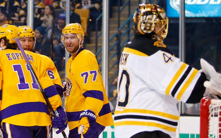 Los Angeles pelted Boston and goalie Tuukka Rask with 57 shots Tuesday night during the Kings' 9-2 win.