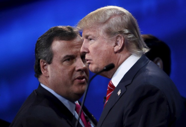 New Jersey Gov. Chris Christie, left, endorsed billionaire businessman Donald Trump for the Republican presidential nomination on Friday. They are shown here at an October debate.