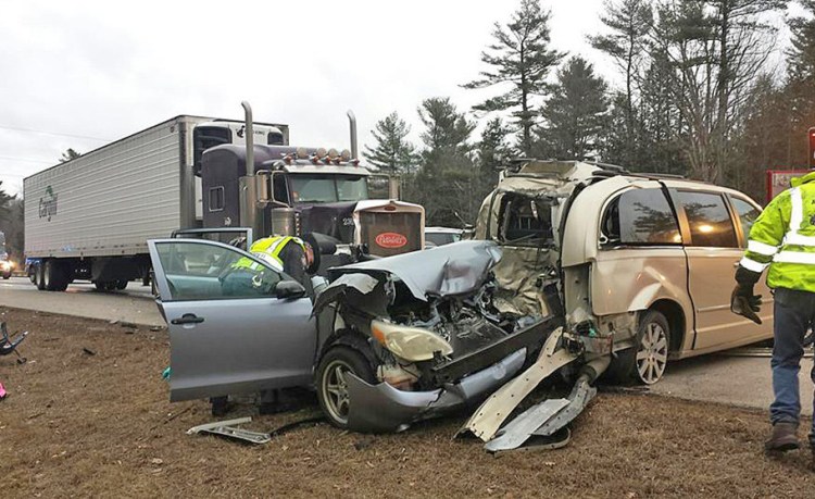 The crash scene Wednesday morning at Maine Turnpike mile 34 in Saco. Maine Turnpike Authority photo