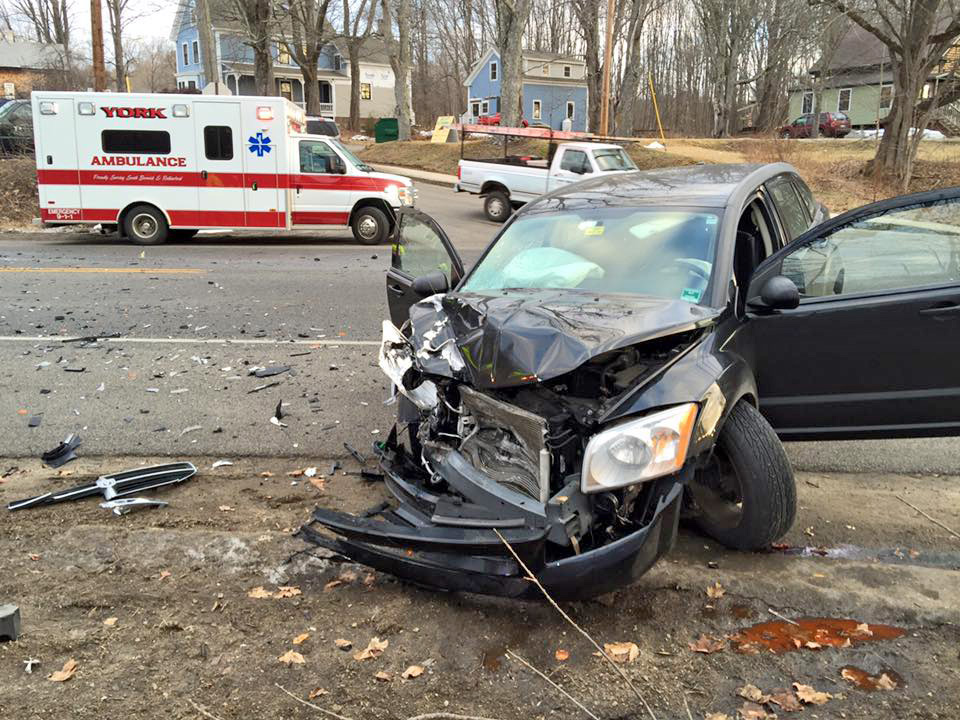 This Dodge Caliber was one of the vehicles in a head-on collision on Route 236 Tuesday morning. 