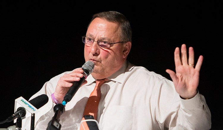 Gov. Paul LePage his town hall meeting at Morse High School in Bath on Wednesday.