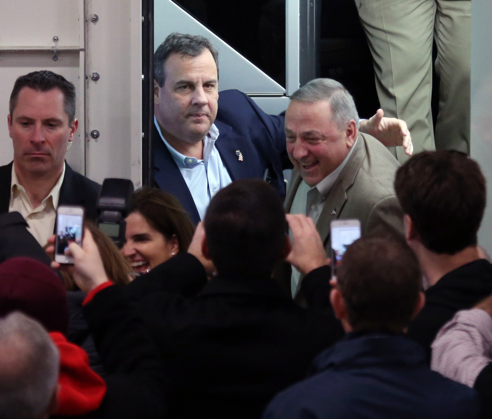 New Jersey Gov. Chris Christie and Maine Gov. Paul LePage appeared at a town hall meeting in New Hampshire in September where they joked and campaigned together.