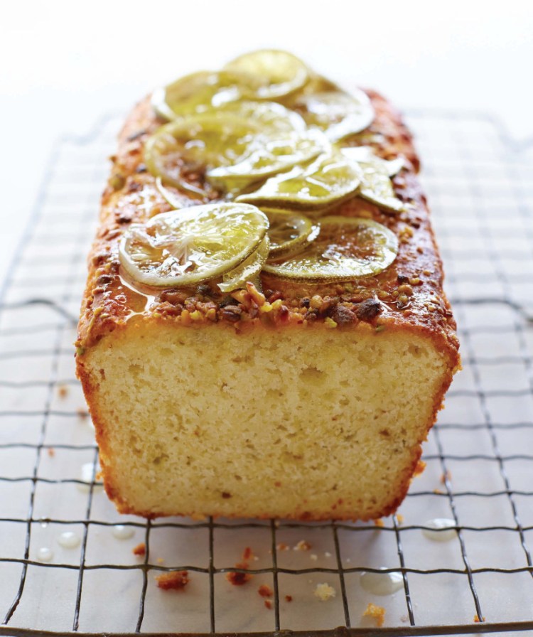 Turkish yogurt cake with lime syrup and pistachios.