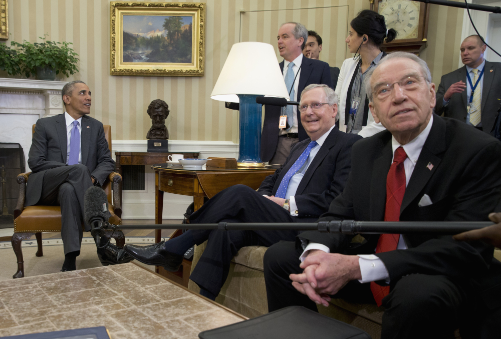 With neither side budging on the Supreme Court vacancy, Tuesday’s talks turns to other subjects, including basketball, while President Obama meets with Republican Sens. Mitch McConnell, center, and Chuck Grassley in the Oval Office.