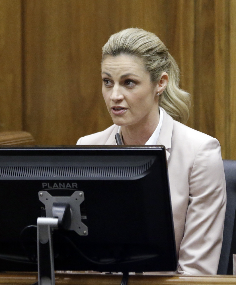 Sportscaster and television host Erin Andrews  is cross-examined Tuesday, March 1, 2016, in Nashville, Tenn. Andrews has filed a $75 million lawsuit against the franchise owner and manager of a luxury hotel and a man who admitted to making secret nude recordings of her in 2008. (AP Photo/Mark Humphrey, Pool)