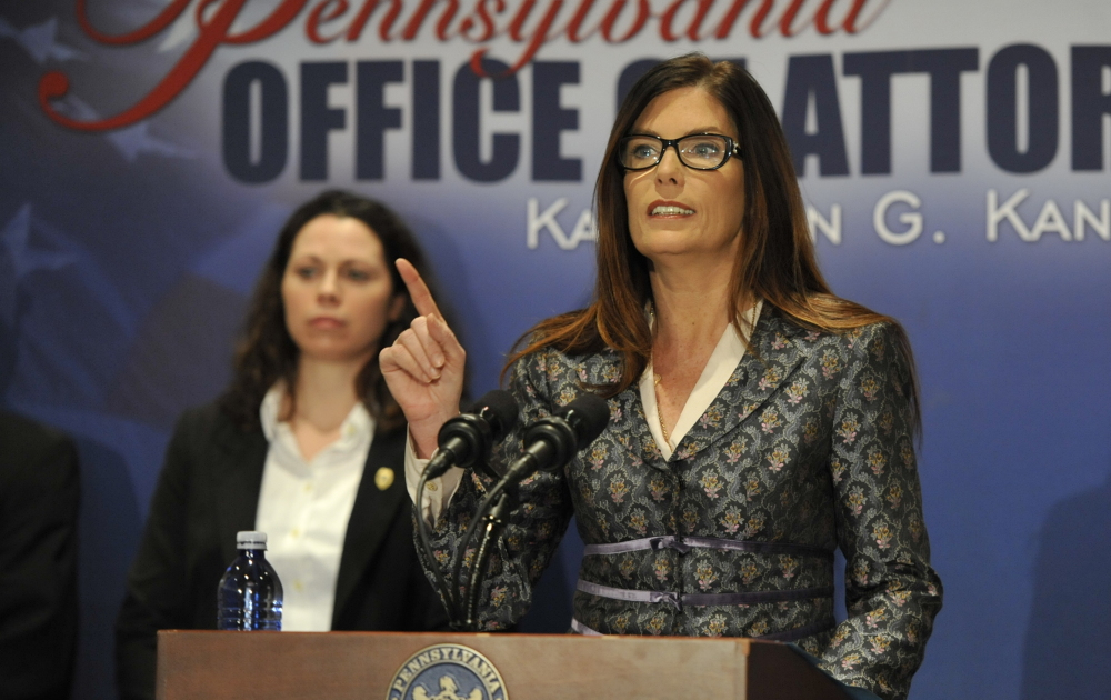 Pennsylvania Attorney General Kathleen Kane speaks about the 147-page report on sexual abuse in the Altoona-Johnstown Diocese was made public at a news conference, Tuesday, March 1, 2015 in Altoona, Pa. Kane says none of the alleged criminal acts can be prosecuted because some abusers have died, statutes of limitations have run their course and victims are too traumatized to testify. (Todd Berkey/The Tribune-Democrat via AP) MANDATORY CREDIT