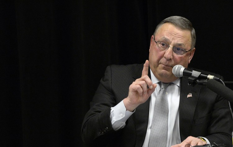 Gov. Paul LePage makes a point as he speaks Tuesday night at Medomak Middle School in Waldoboro. Addressing his support for presidential candidate Donald Trump, LePage said, "First of all, he’s a little bit like me."
Shawn Patrick Ouellette/Staff Photographer