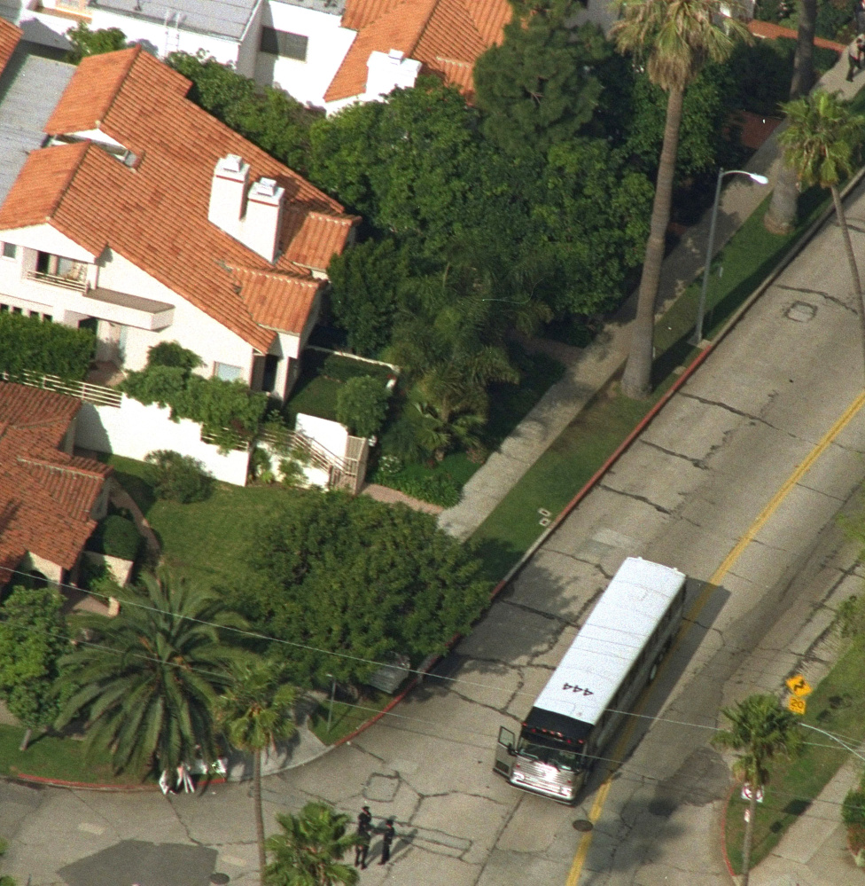 An aerial view shows Nicole Brown Simpson’s condo, top with two chimneys, on Bundy Drive in the Brentwood area of Los Angeles.