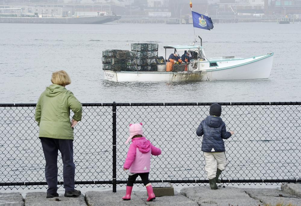 Kathy O’Donnell and her grandchildren watch lobstermen near Bug Light Park in South Portland pull in traps in December. Maine lobstermen hauled a record $495 million worth of lobster in 2015, despite a five-year low in the number of pounds caught. Lobsters maintained their dominance of the state’s commercial fishery, accounting for more than 80 percent of the entire $616 million industry. 
Gordon Chibroski/2015 Press Herald file
