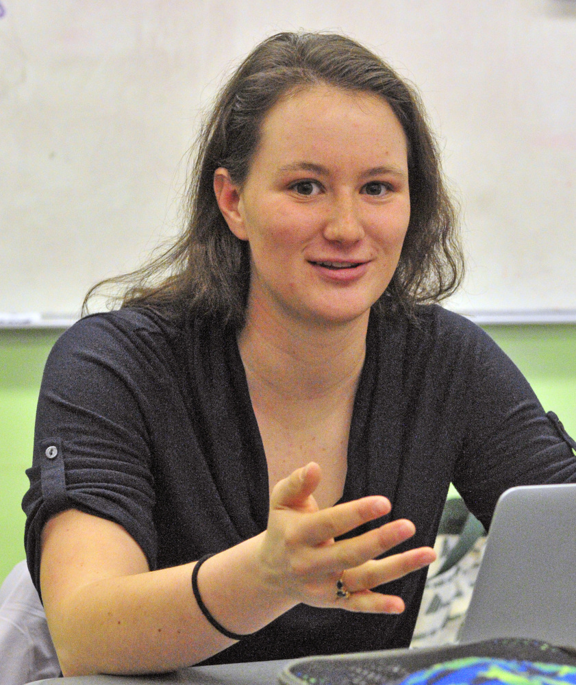 Becki Bryant answers questions about academic decathlon during an interview Wednesday at Monmouth Academy.
