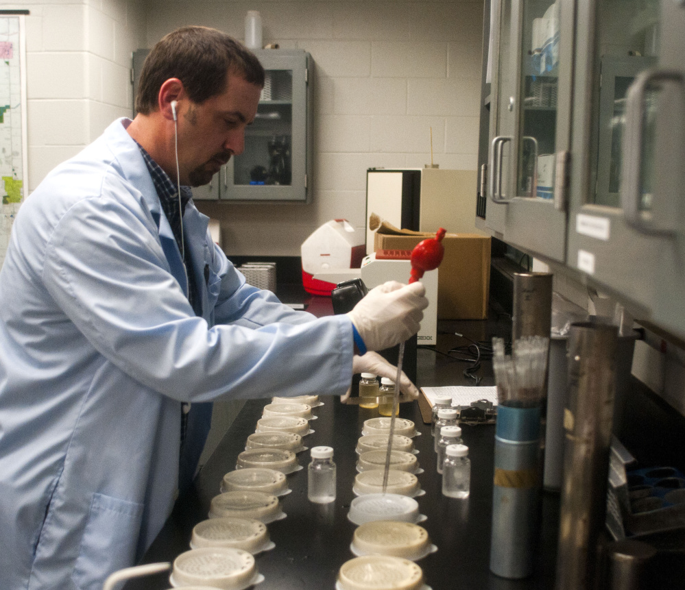 Michael Glasgow, laboratory water quality supervisor, tests water for bacteria and pH levels at the Flint, Mich., water plant.
