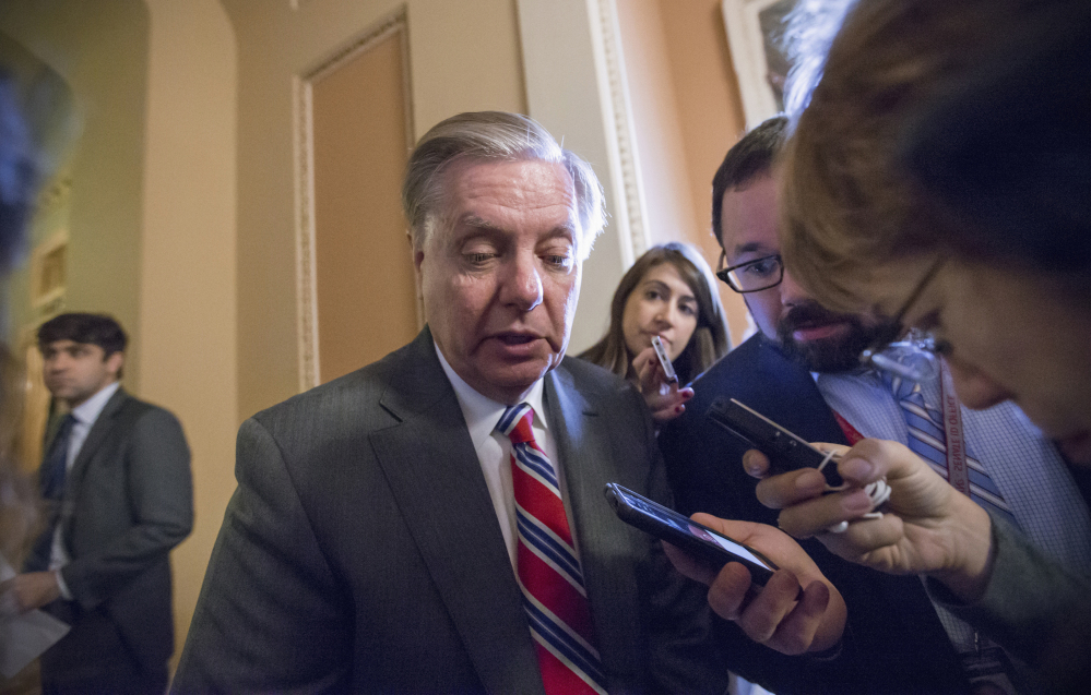 Sen. Lindsey Graham, R-S.C., speaks to reporters on Capitol Hill in Washington. Republicans can blame their united stand against President Obama for the break-up of their party.