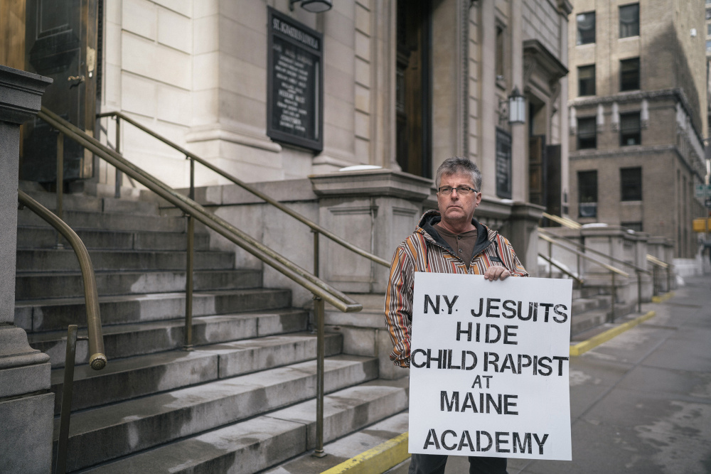 Protesting outside the Jesuits’ headquarters in New York, Neal Gumpel of Connecticut says he’s been seeking some official acknowledgment from the Roman Catholic Church for the abuse he says he suffered at the hands of the Rev. Roy Drake at Maine Maritime Academy in 1974. Drake’s own twin brother says the priest admitted to him he “was a pedophile.”