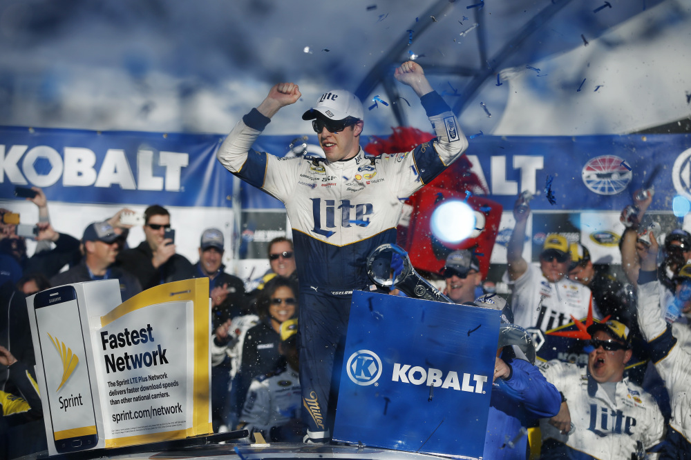 Brad Keselowski celebrates after winning the Sprint Cup race Sunday in Las Vegas.