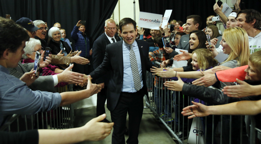 Republican candidate for president Sen. Marco Rubio is introduced to the crowd during a campaign rally in Boise, Idaho, Sunday, March 6, 2016.