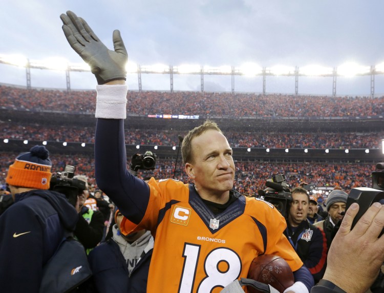 In this Jan. 24, 2016, file photo, Denver Broncos quarterback Peyton Manning waves to spectators following the AFC Championship game between the Denver Broncos and the New England Patriots, in Denver.
