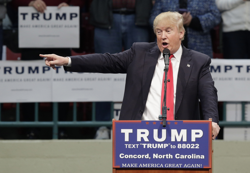 Republican presidential candidate Donald Trump speaks during a campaign rally in Concord, N.C., Monday.