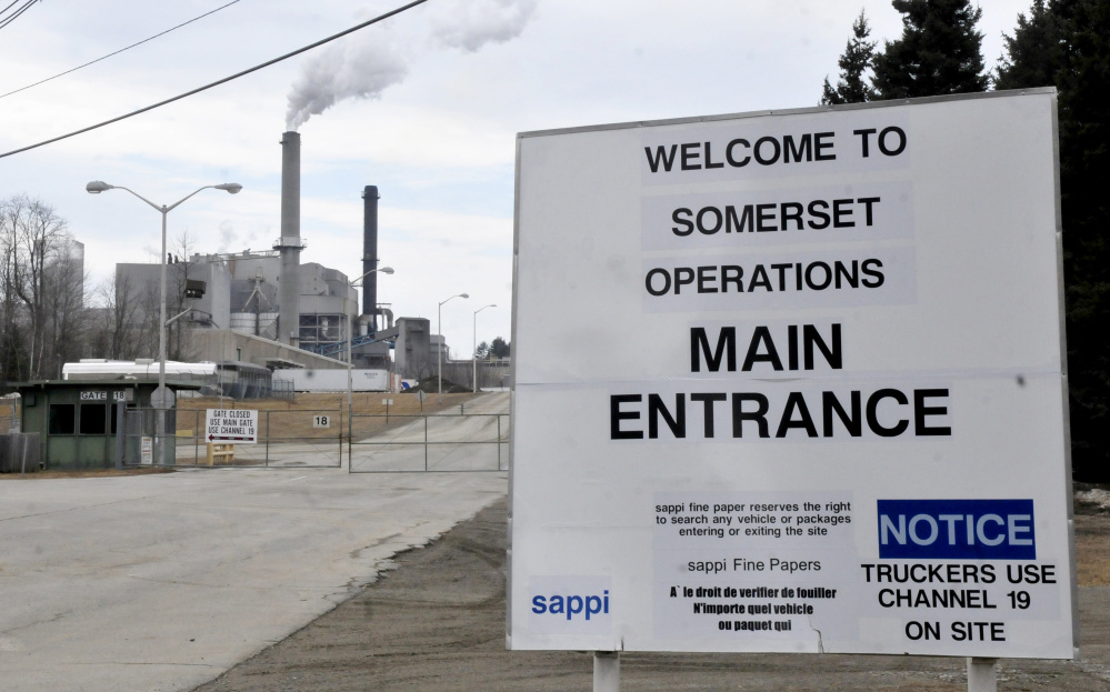 The entrance to the Sappi mill in Skowhegan is shown Wednesday. Skowhegan selectmen agreed this week to go with a bid price of $150,000, plus $395 per hour, for the town’s appraisal of the paper mill.