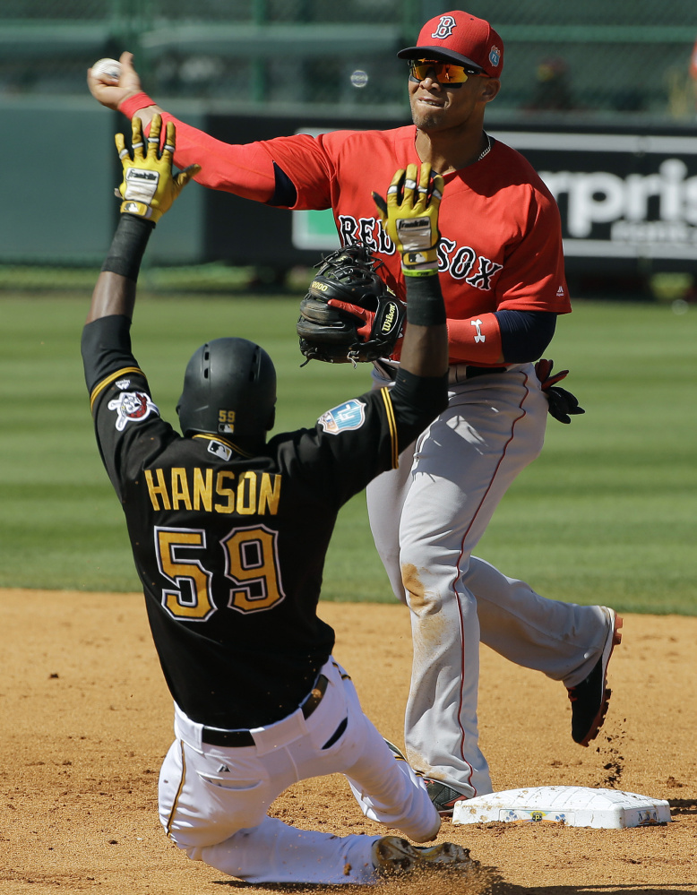 Boston Red Sox second baseman Yoan Moncada forces Pittsburgh Pirates’ Alen Hanson (59) at second base and relays the throws to first in time to turn a double play on Francisco Cervelli during the fifth inning of a spring training baseball game Wednesday, March 9, 2016, in Bradenton, Fla. (AP Photo/Chris O’Meara)