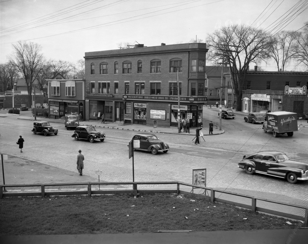 A photograph of Portland’s Woodfords Corner from May 12, 1947. Forest Avenue is the main street in the foreground, with Deering Avenue on the right. Courtesy of Portland Public Library Special Collections and Archives.