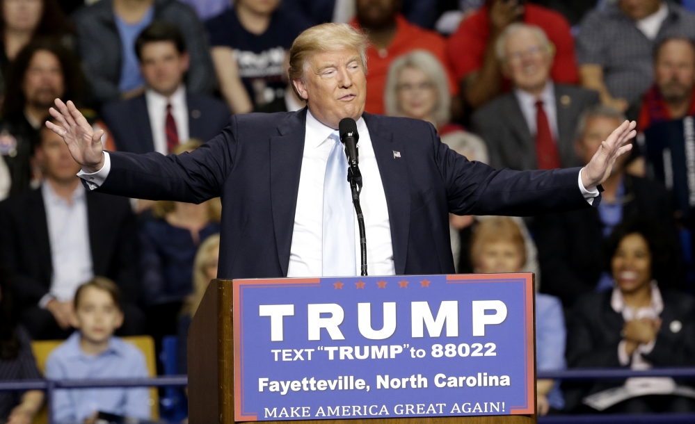 Republican presidential candidate Donald Trump speaks during a March 9 campaign rally in Fayetteville, N.C. Authorities in North Carolina say they are looking at Donald Trump’s behavior as they continue their probe of a violent altercation at the rally.