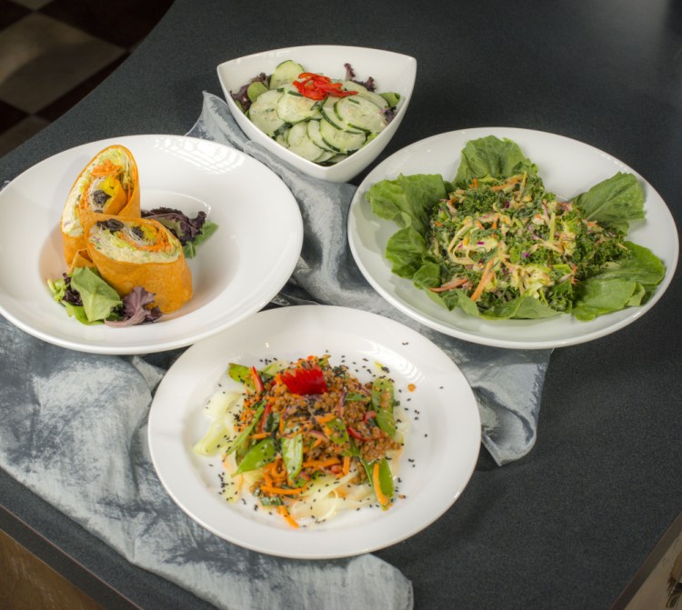 Salads on the University of Maine at Orono campus made with vegan Just Mayo include a kale and root slaw salad, a vegan tofu “egg” salad, a wheatberry Asian salad and a dill cucumber salad.