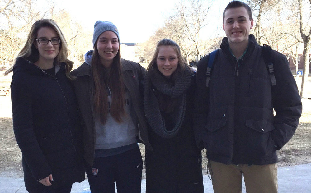 Formed this academic year, the Vegan Education & Empowerment Coalition student group on the UMaine campus includes, from left, Brooke Hoyle (co-president), Audrey Hoyle (co-president), Emily Roscoe (treasurer), and Tyler Cote (vice president).