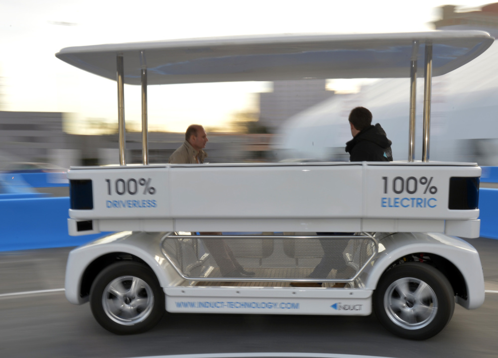 A Navia self-driving shuttle by Induct. A robotics expert told the Senate commerce committee Tuesday that self-driving cars definitely are not ready for widespread deployment.