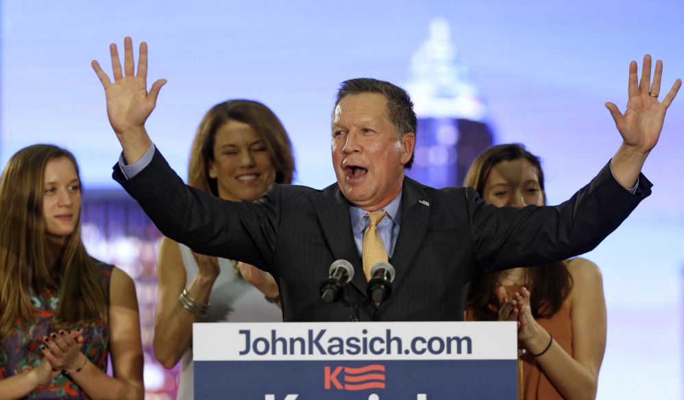 Republican presidential candidate Ohio Gov. John Kasich speaks at his presidential primary election night rally in Berea, Ohio, Tuesday.