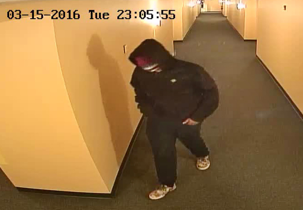 Police are looking for this man, seen in surveillance video minutes before police were notified of a shooting Tuesday in an apartment on Gilman Street.
Courtesy Portland police