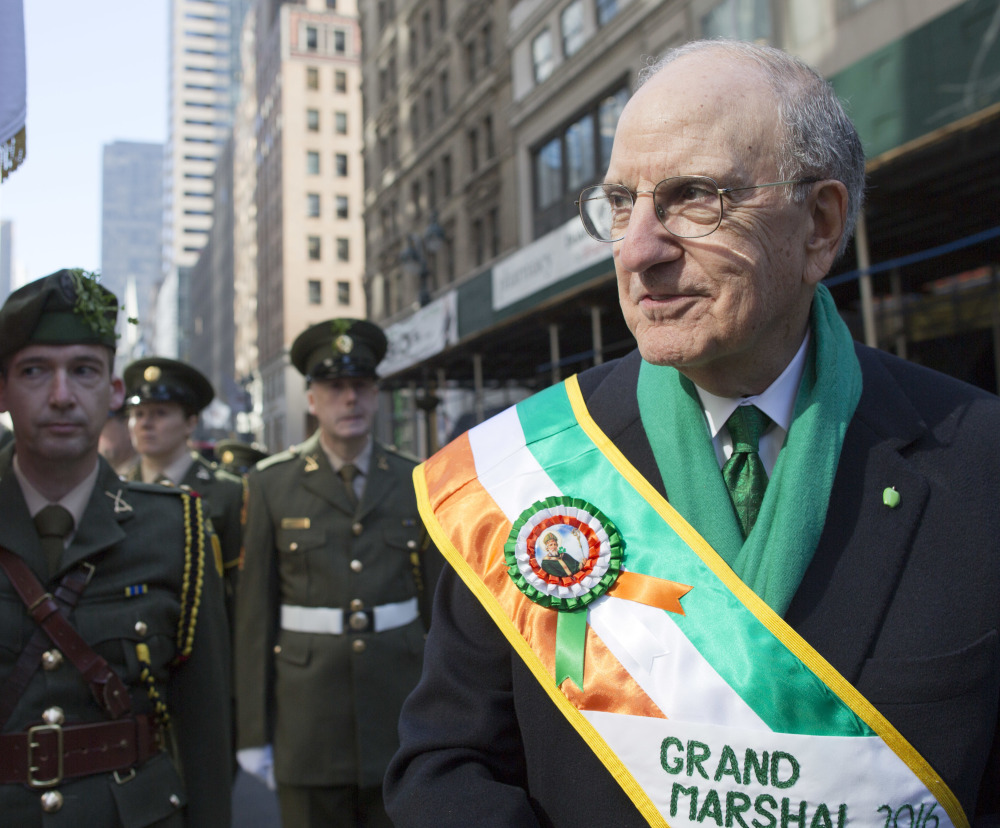 Former U.S. Sen. George Mitchell, of Maine, serves as grand marshal of New York’s St. Patrick’s Day parade, which honored the centennial of Ireland’s Easter Rising against British rule.