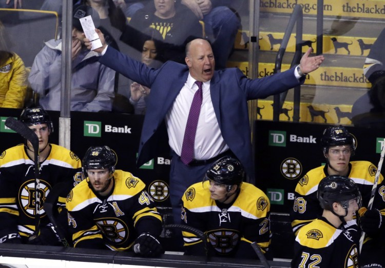 Bruins coach Claude Julien yells at the officials after they disallowed an apparent goal in a March 24, 2016, game against the Florida Panthers. The Bruins ended up losing their fifth straight game, 4-1.