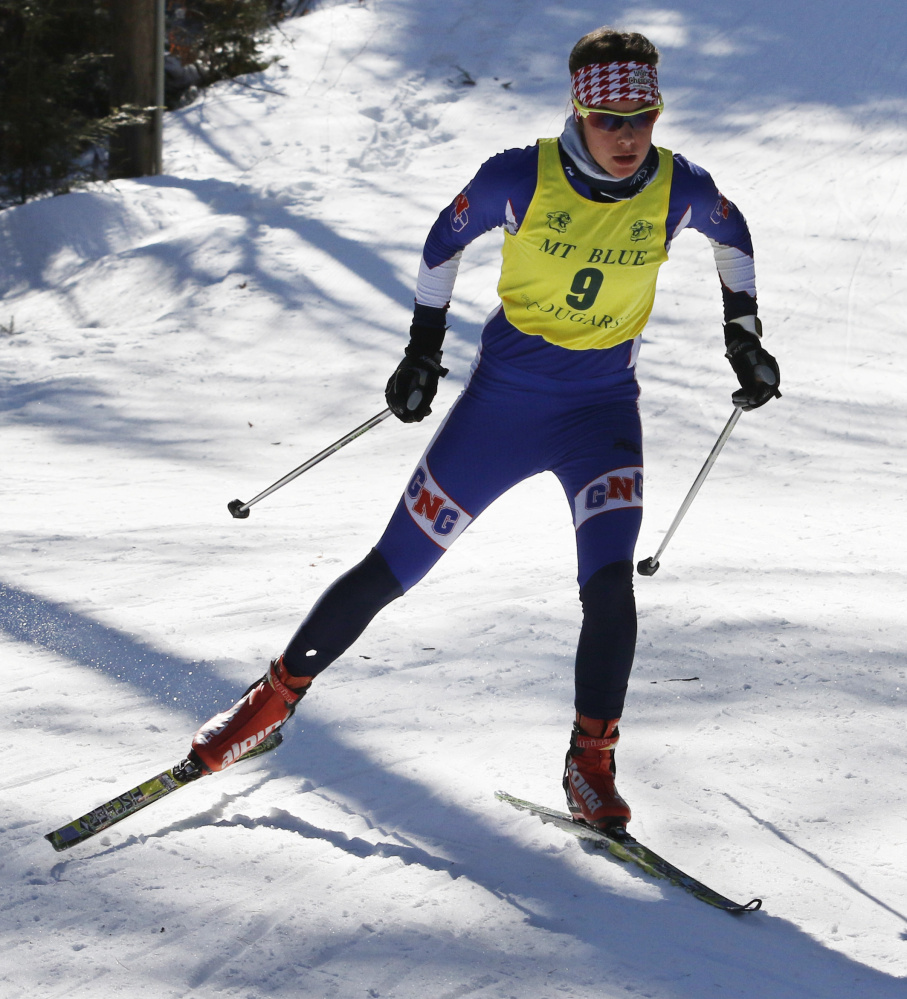 Kaelyn Woods of Gray-New Gloucester won the Class B freestyle state championship at Titcomb Mountain, completing a sweep of the  Nordic events for the third year in a row.