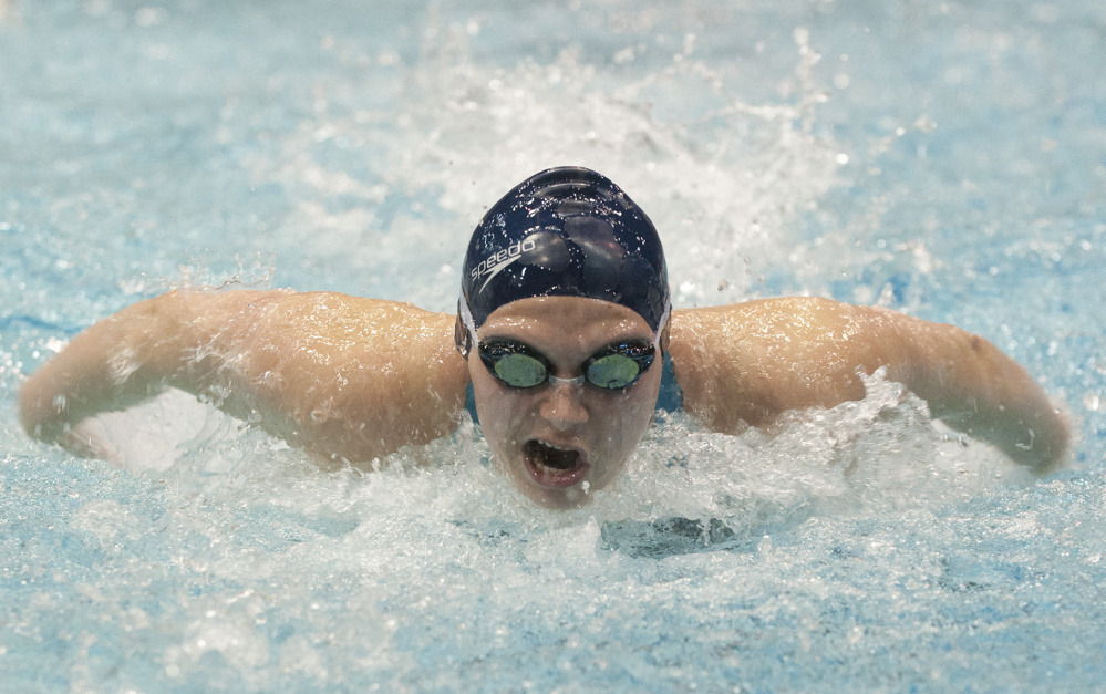 Caitlin Tycz of Brunswick won the 200-yard individual medley at the Class A girls’ state meet in Orono by seven seconds, and her state-record time in the 100 butterfly was faster than the winning time in the 100 freestyle.