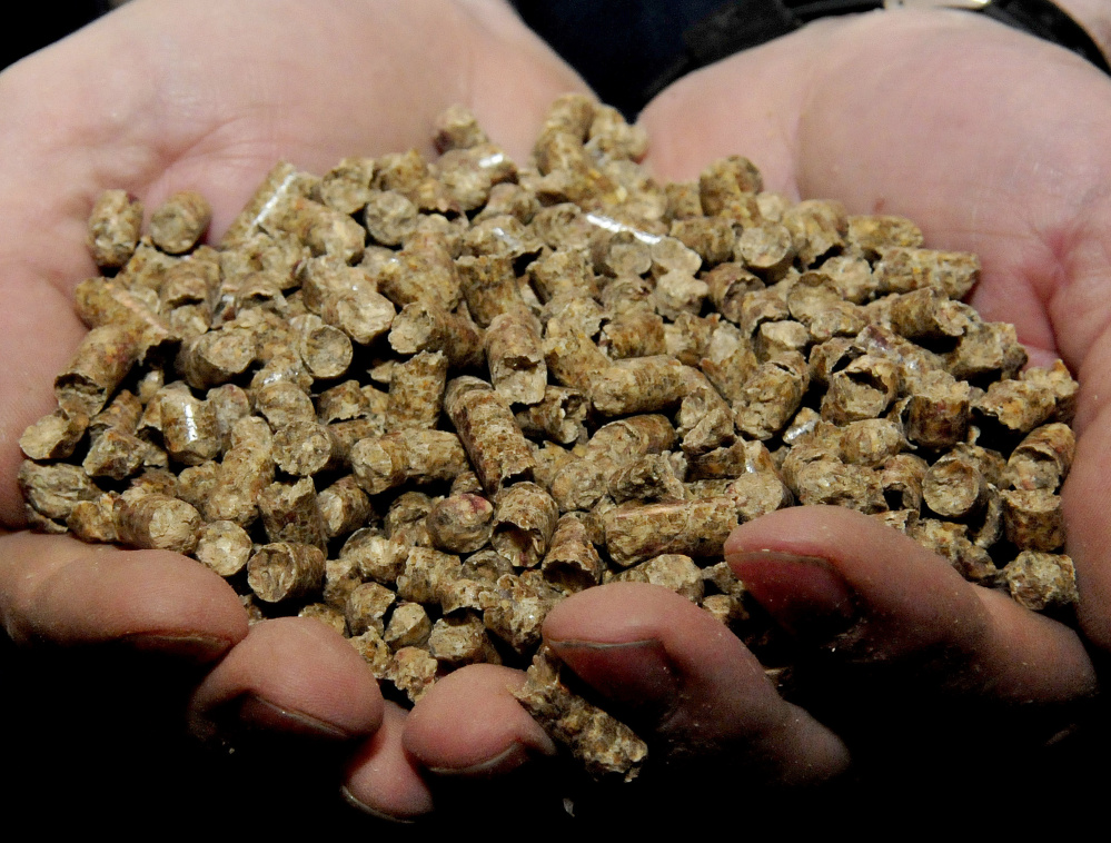 Scot Linkletter holds pellets made by Maine Woods Pellet Co. in Athens. The long-term outlook for wood pellets is good, industry experts say.