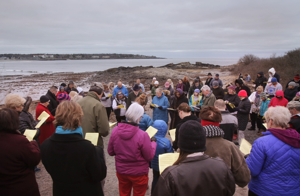 Under overcast skies, about 150 people attended a multidenominational sunrise Easter service at 6:30 a.m. on Sunday morning at Gooch’s Beach in Kennebunk. Churches hosting the service were Christ Church, First Parish Unitarian Universalist Church, Christian Science Church and West Kennebunk United Methodist Church, all in Kennebunk, and South Congregational Church in Kennebunkport.