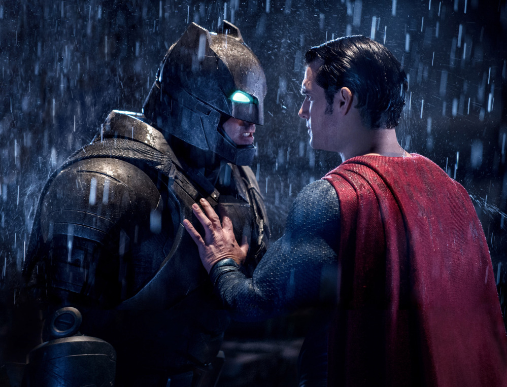 Ben Affleck, left, and Henry Cavill in a scene from, “Batman v Superman: Dawn of Justice.”