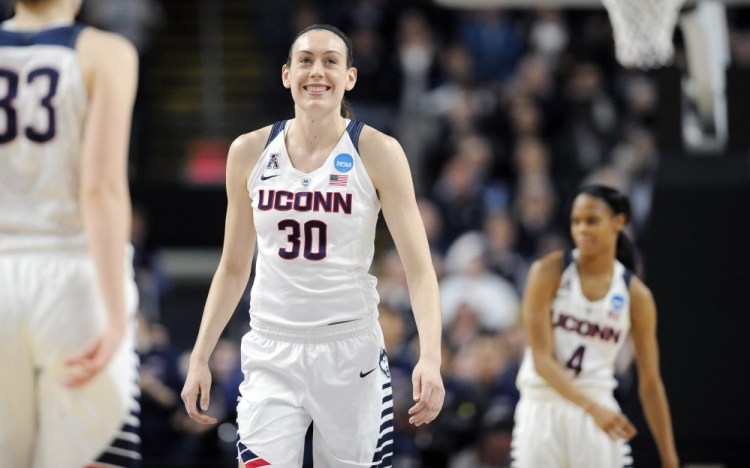 Connecticut’s Breanna Stewart had reason to smile even in the first half of Monday night’s regional final in Bridgeport, Conn.