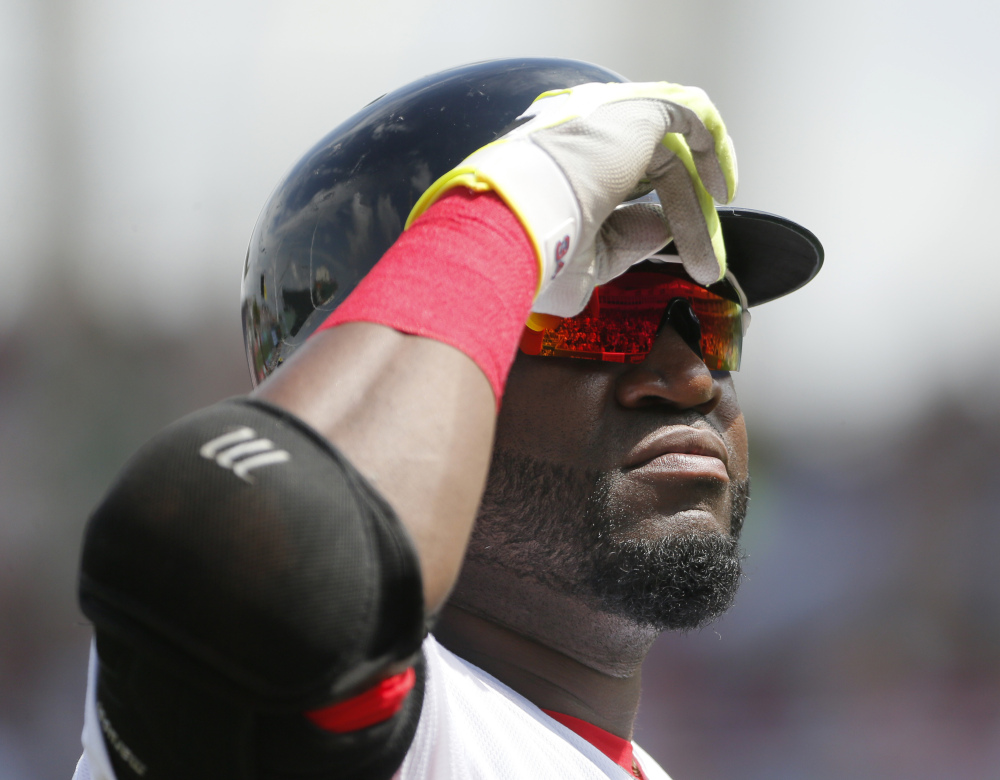 David Ortiz faces fans and salutes as he stands on deck for his final at-bat in the sixth inning of the Red Sox’s spring training game against the Baltimore Orioles on Monday in Fort Myers, Florida.