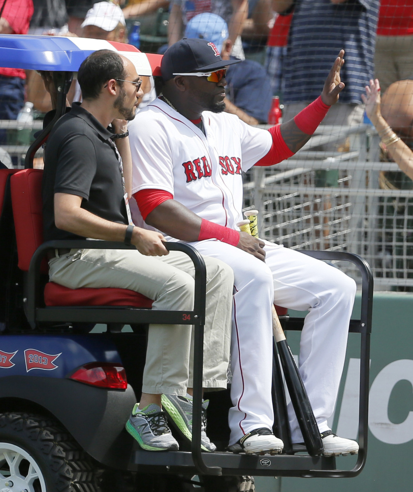 A golf cart painted with his No. 34 and the Dominican flag was David Ortiz’s ride off the field after his final appearance at JetBlue Park in Fort Myers, Florida. Ortiz will retire at the end of the season.